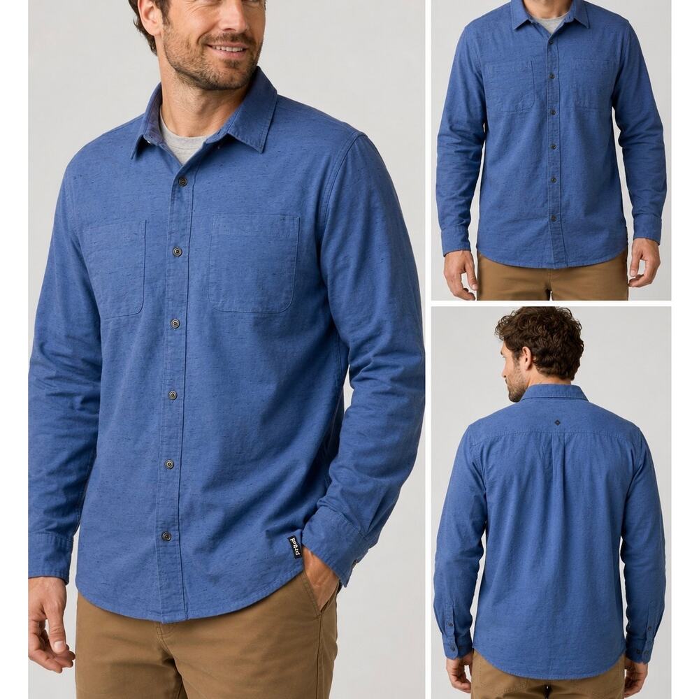 PrAna Men’s XXL Blue Button Front Shirt Long Sleeve Casual Outdoor Hiking